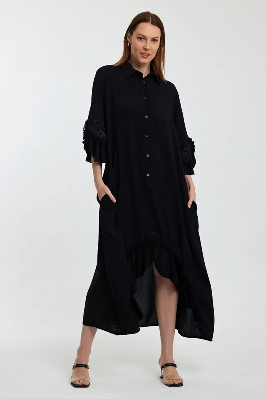 Button Front Midi Shirt Dress with Lace Sleeve Detail in Black - Belissh