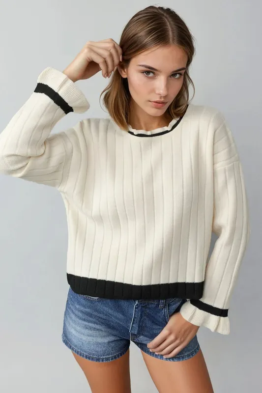Striped Knit Sweater with Crew Neck - MyFashion