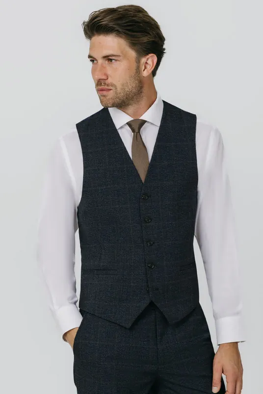 Navy with Rust Check Waistcoat - Dobell