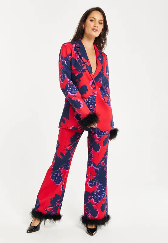 Floral Print Blazer With Fluffy Trim - Liquorish