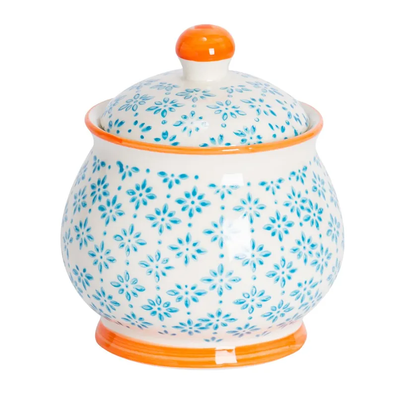 Patterned Sugar Bowl with Lid - Navy - Kitchen Storage Jar Sugar Pot