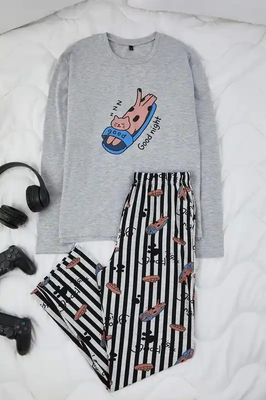 Men’s Slogan Print Long Sleeve Pyjama Set - WOVCOR
