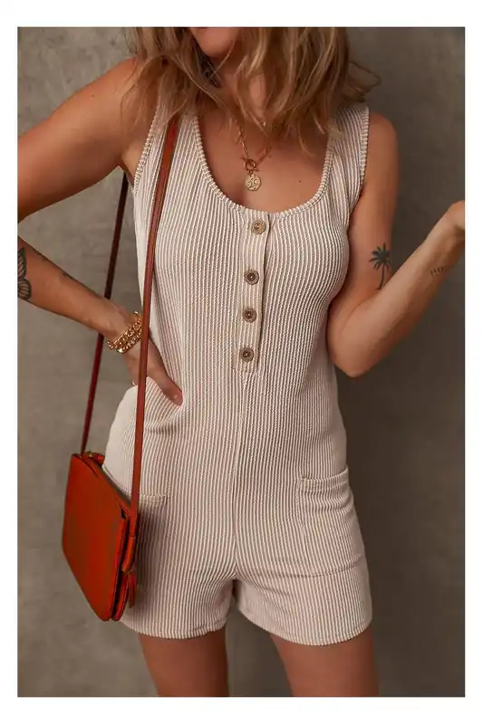Parchment Corded Knit Side Pockets Buttoned Sleeveless Romper - Everyday The Label