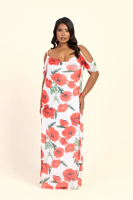 Curve Cold Shoulder Poppy Print Strappy Maxi Dress - FASHION-SZN