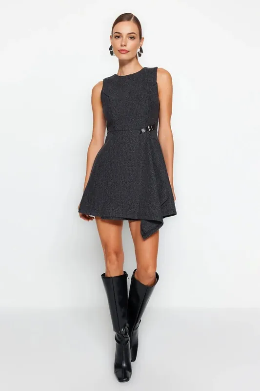 Asymmetric A-Line Sleeveless Mini Woven Dress with Side Buckle Detail