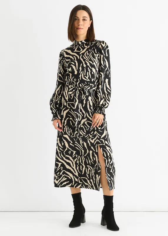 Black Animal High Neck Satin Midi Dress - Gini London