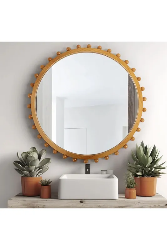 79cm Sunburst Wall Mirror with Natural Pine Wood Frame Boho Decorative Round Mirror - Living and Home