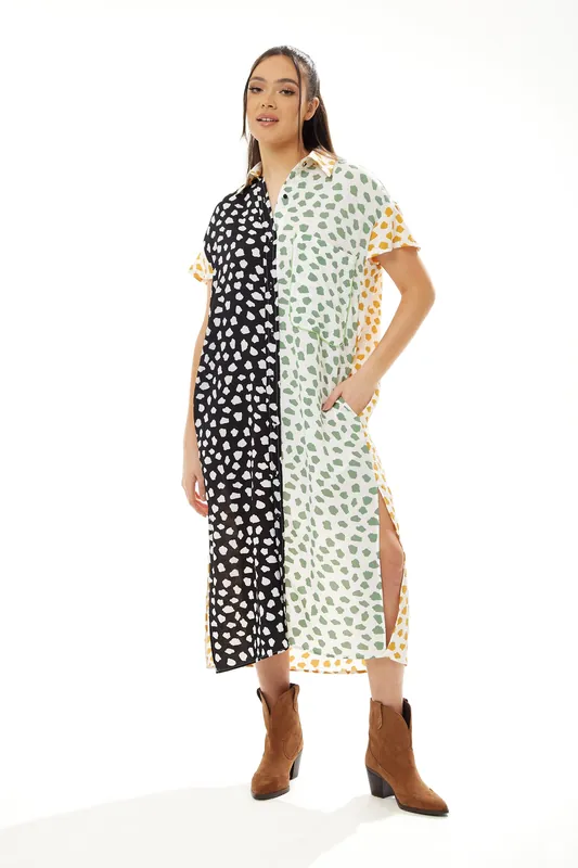 Animal Print Oversized Shirt Dress with Yellow Collar - Liquorish