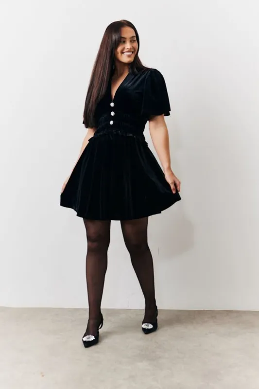 Black Velvet Mini Dress with Embellished Buttons - In The Style