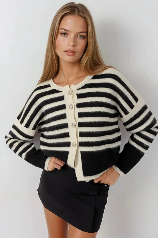 Striped Long Sleeve Button-Up Cardigan