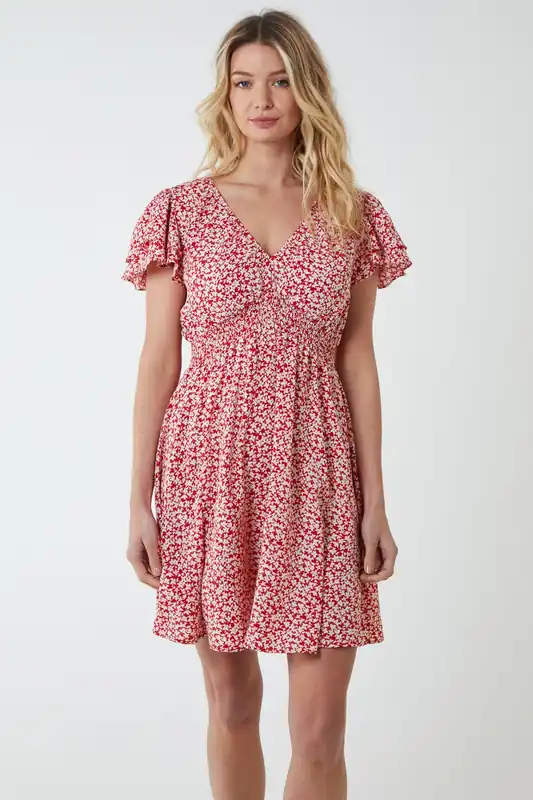 Double Ruffle Empire Shirred Mini Dress - Blue Vanilla