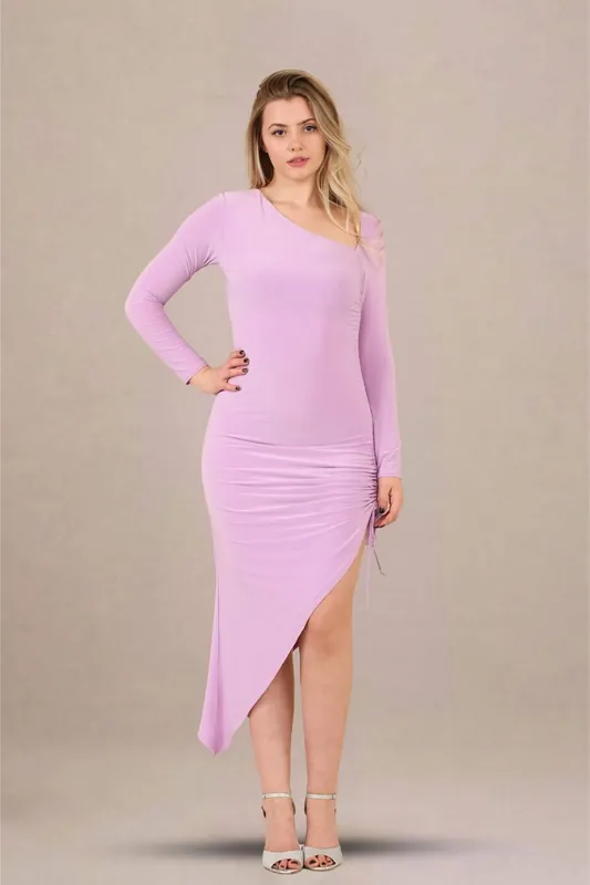 Lilac One-Shoulder Asymmetrical Ruched Midi Bodycon Dress