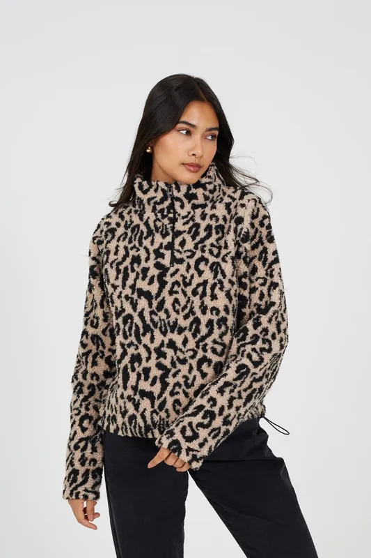 Half Zip Leopard Print Sherpa Fleece - Brave Soul