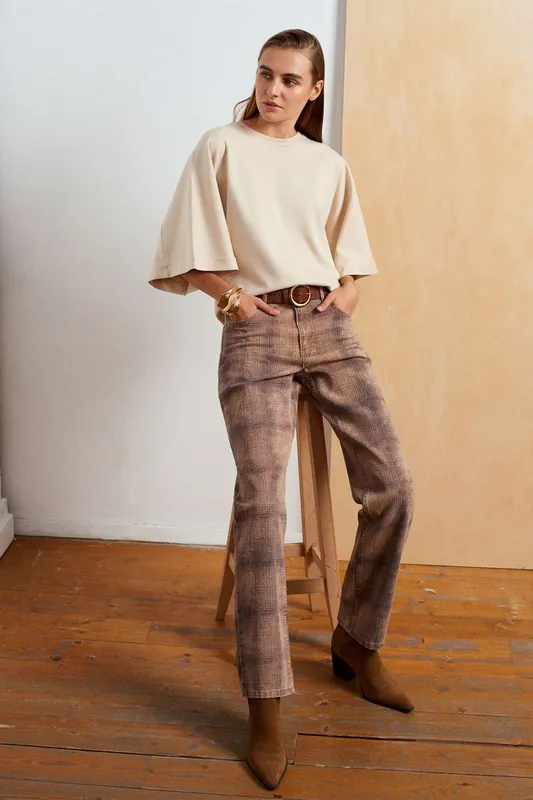 High-Waist Straight-Leg Plaid Jeans