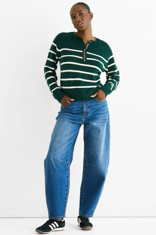 Green Stripe Button Up Loose Fit Knit Jumper - Gini London