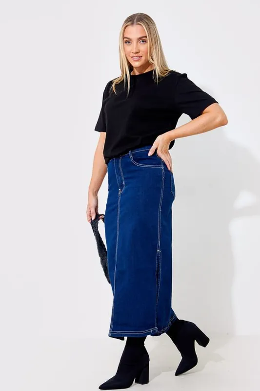 Blue Contrast Stitch Denim Midi Skirt - In The Style