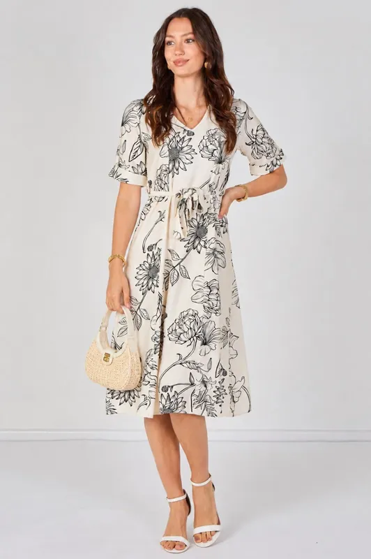 Ivory Floral Print Short Sleeve Midi Dress - Love Sunshine