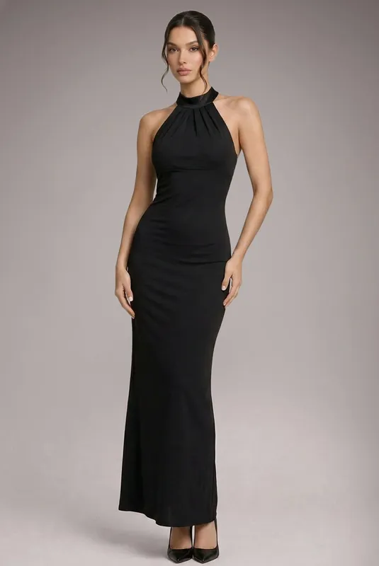 Petite Satin Multi Tie Halterneck Maxi Dress - Goddiva