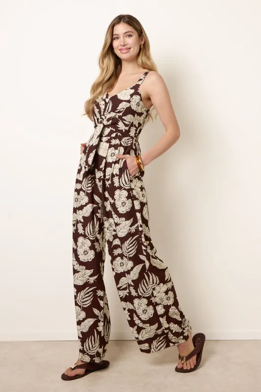 Brown Tropical Tie Front Jumpsuit - Blue Vanilla