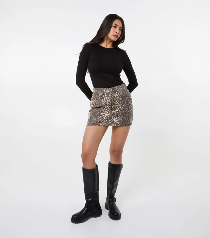 Leopard Print Denim Mini Skirt - Pink Vanilla