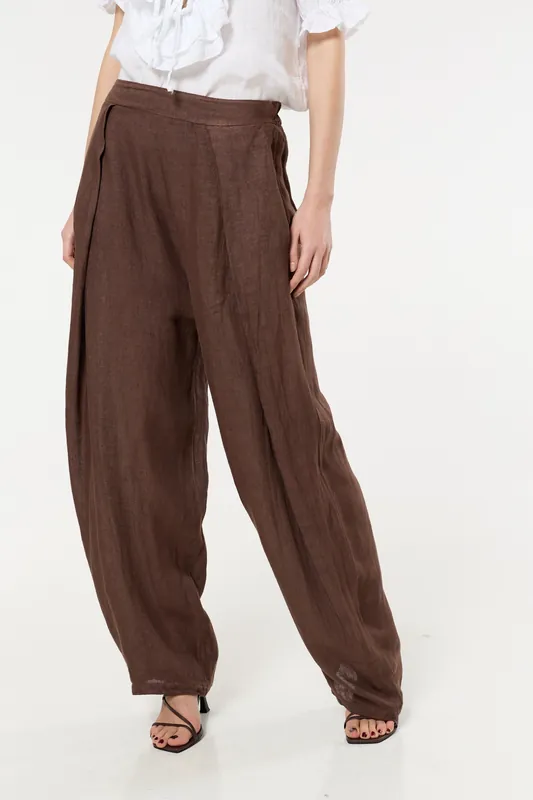Brown Linen Wide Leg Trousers - Liquorish