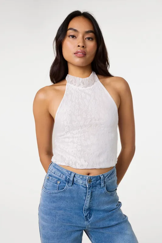 Ivory Lace Halter Neck Top - Pink Vanilla