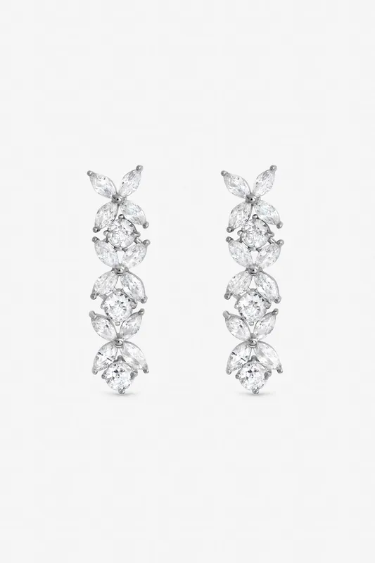 Rhodium Plated Cubic Zirconia Floral Earrings - Jon Richard