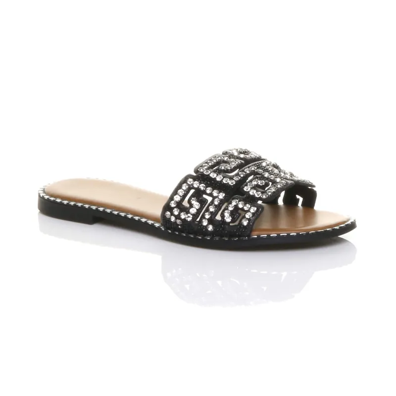 Flat Diamante Mule Sandals Flip Flops Sliders - AJVANI