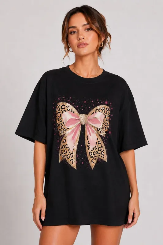 Leopard Print Bow Glitter Detail Oversized T-Shirt