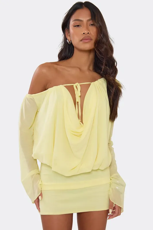 Blouson Style Long Sleeve Tie Drape Mini Dress - EGO