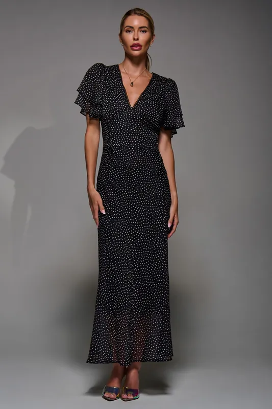 V-Neck Frill Sleeve Chiffon Midaxi Dress