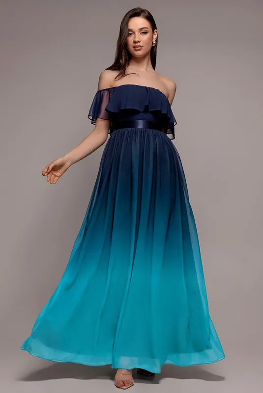 Ombre Chiffon Bardot Frill A line Maxi Dress - Goddiva