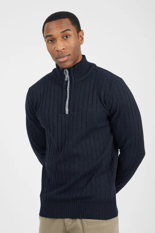 Quarter Zip Funnel Neck Rib Knit Jumper - Brave Soul