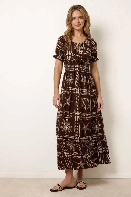 Brown Starfish Print Tie Front Maxi Dress - Blue Vanilla