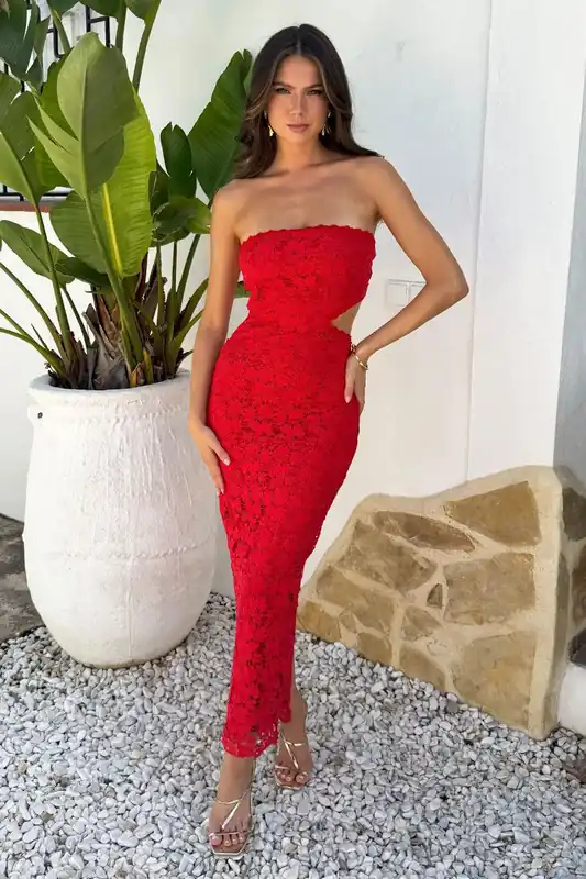 Red Embroidered Overlay Bandeau Cut Out Midi Dress - AX Paris