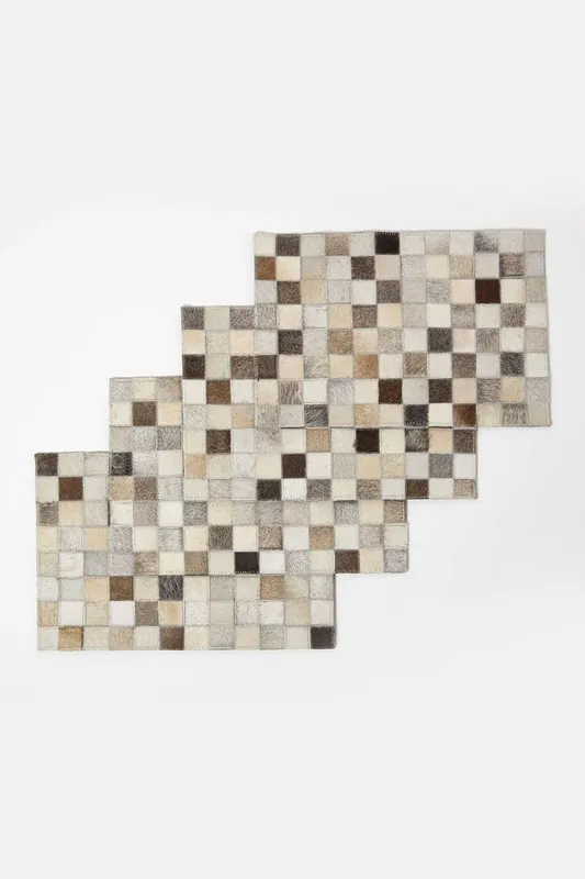 Block Check Grey Leather Placemats Set of 4 - Homescapes