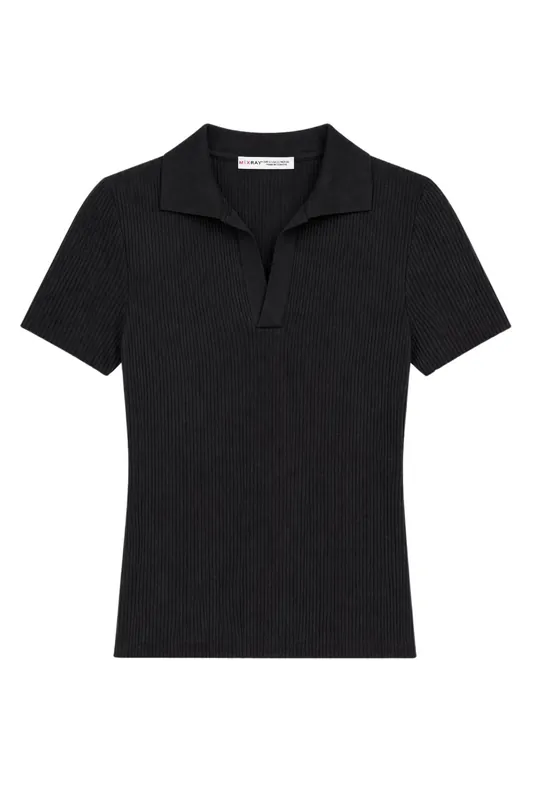 Ribbed Polo Collar Blouse - MixRay