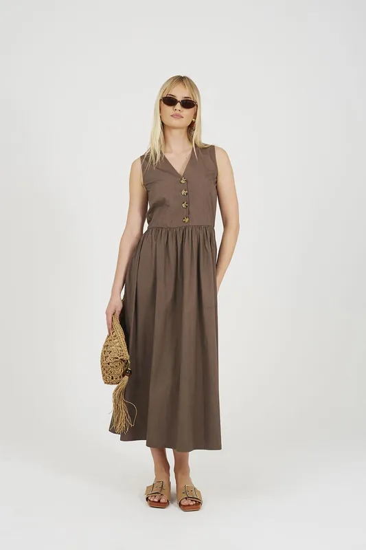 Sleeveless V-Neck Button Down Midi Dress