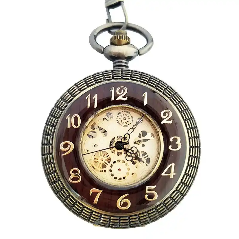Mechanical Skeleton Wooden Half Hunter Pocket Watch With Chain - TruClothing