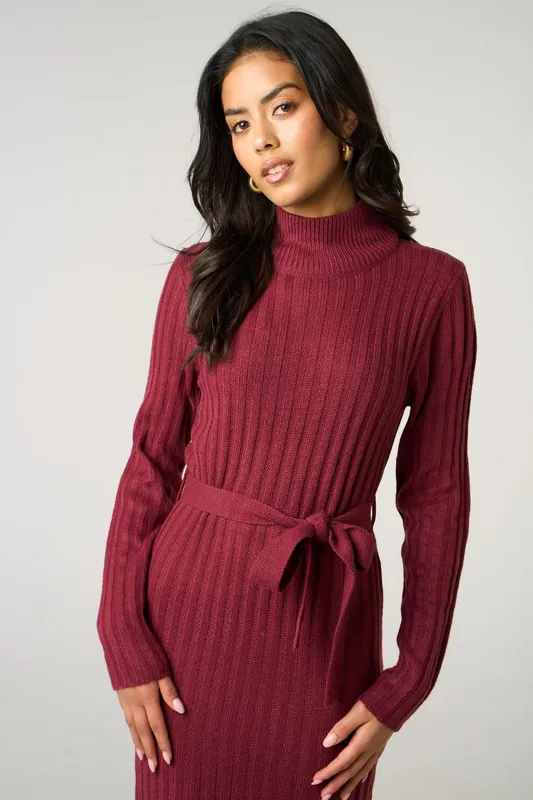 Wine Roll Neck Ribbed Knitted Belted Midi Jumper Dress - Femme Luxe