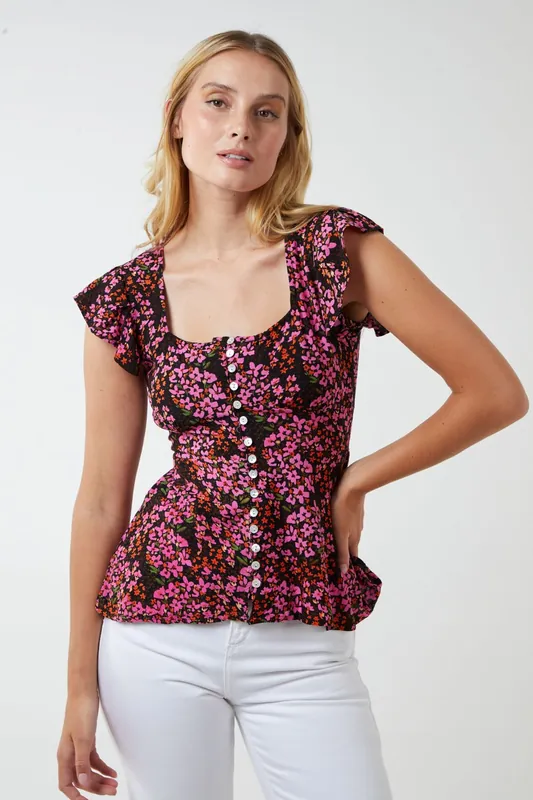 Milkmaid Button Front Peplum Top - Blue Vanilla