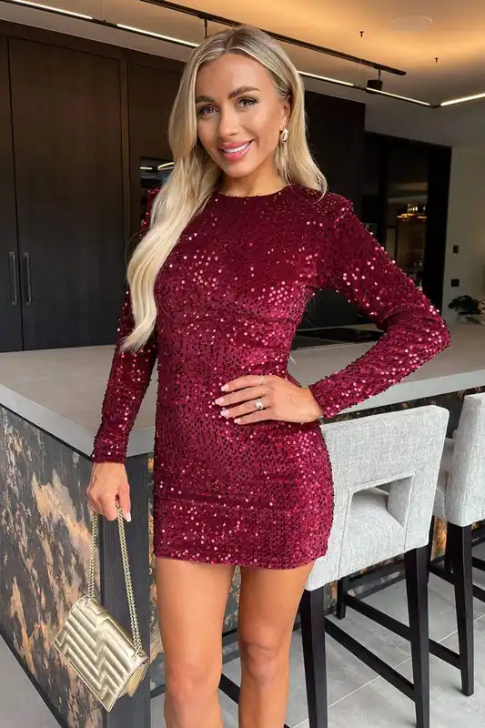 Wine Velvet Sequin Long Sleeve Mini Dress - AX Paris