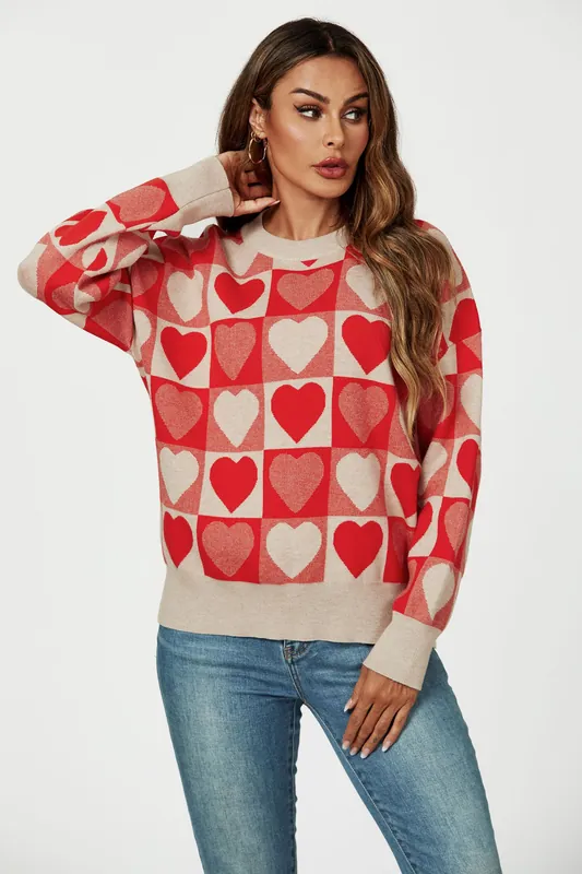 Heart Pattern Knitted Jumper In Red - FS Collection