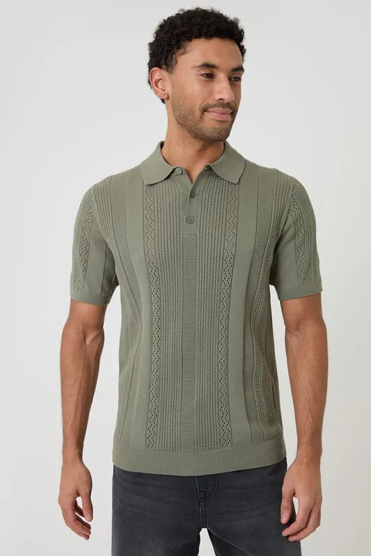 Cotton Textured Stripe Knitted Polo - Threadbare