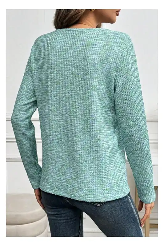 Moonlight Jade Buttoned V Neck Textured Knit Long Sleeve Top - Everyday The Label