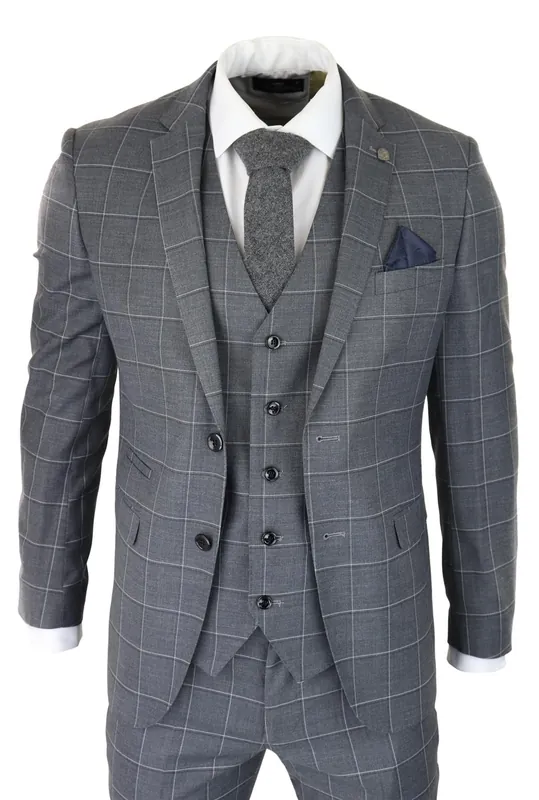 Suit 3 Piece Check Vintage Retro Smart Wedding Classic Tailored Fit - Infinity Leather
