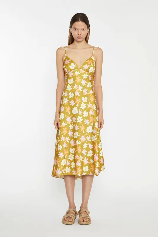 Olive Multi-Flower Spaghetti-Strap Midi-Dress
