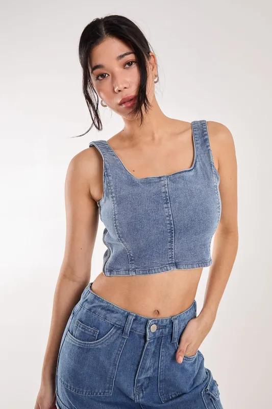 Denim Cropped Corset Top - Pink Vanilla