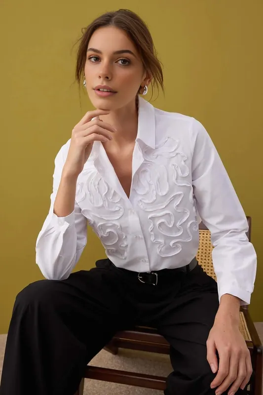 Textured Applique Oversized Cotton Woven Shirt - WOVCOR