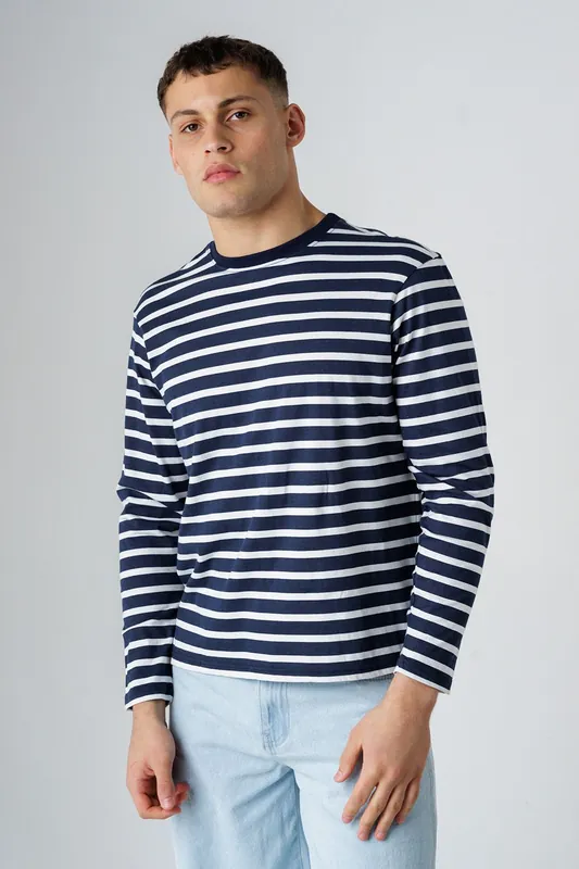 Cotton Striped Crew Neck Long Sleeve T-Shirt